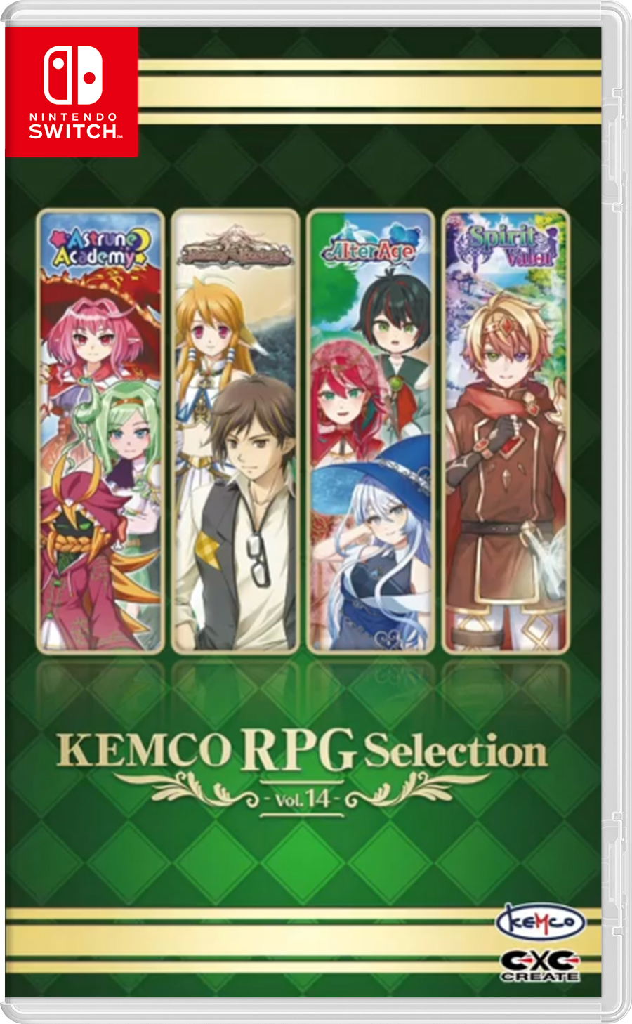 KEMCO RPG Selection Vol. 14 packaging for Nintendo Switch with character illustrations on a green and gold background.