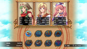 Character selection screen with three animated characters and their stats against a sky background.