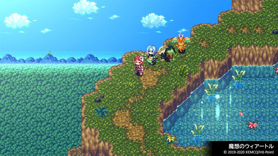 Pixel art scene from a video game with characters on a grassy cliff overlooking water.