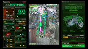 A screenshot of a retro isometric arcade shooter game with a dark green HUD interface, a central action area showing a spaceship fighting laser beams, and a right-side panel displaying a warning graphic and stats.