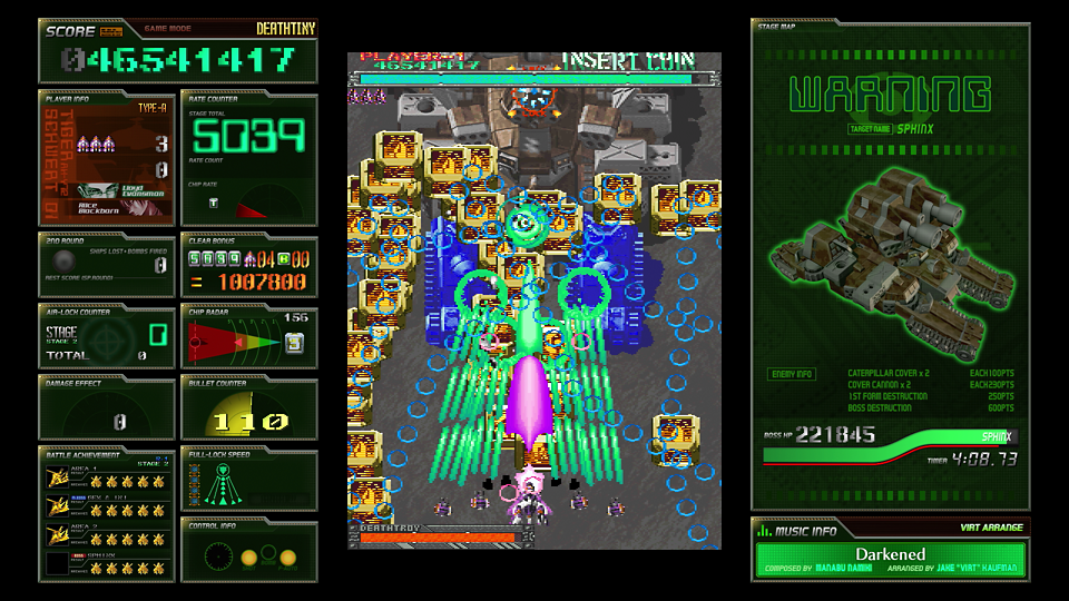 A screenshot of a retro sci-fi arcade game interface, likely from a console or home video game, featuring a central top-down shooter scene with a purple missile, green laser beams, and various floating enemy units, surrounded by dark green score and warning panels.