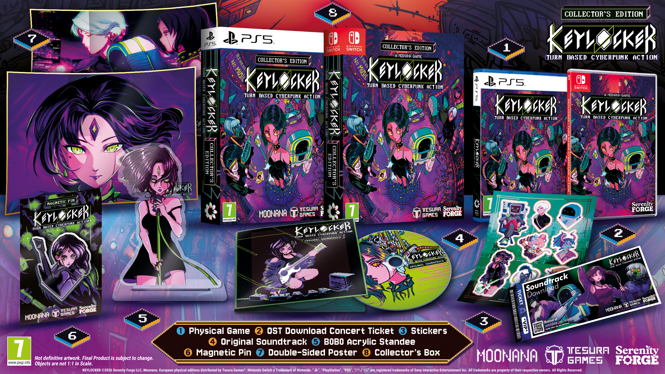 Collection of 'Keylockerr' merchandise including game cases, figurines, and promotional materials on a purple background.
