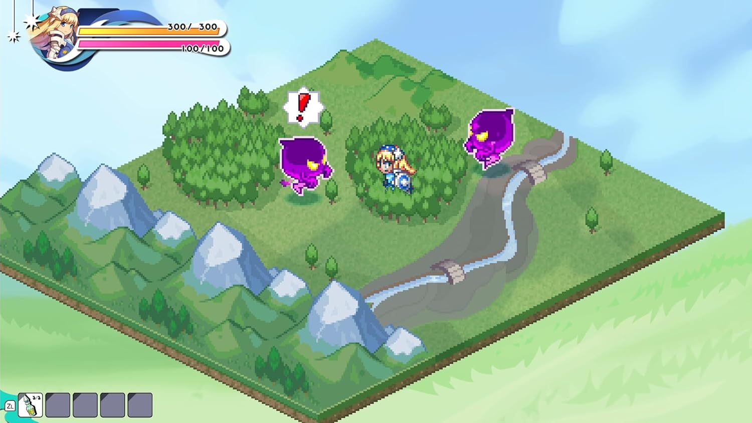Isometric game scene with characters and purple creatures on a green landscape