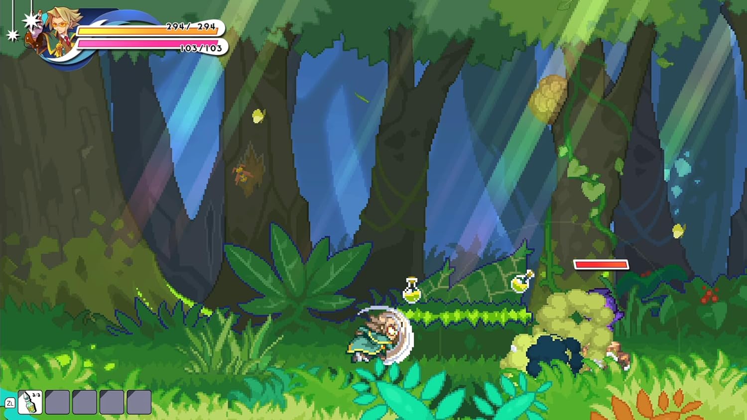 Pixel art-style game scene with characters in a forest
