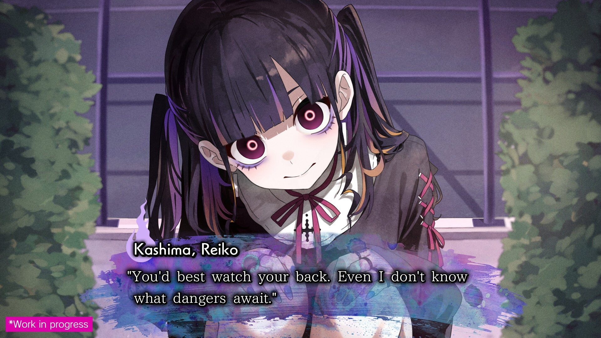 Anime character with dark hair and red eyes, sitting on a windowsill with text overlay.