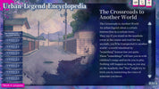 Illustration of a street scene with text about an urban legend titled 'The Crossroads to Another World'.