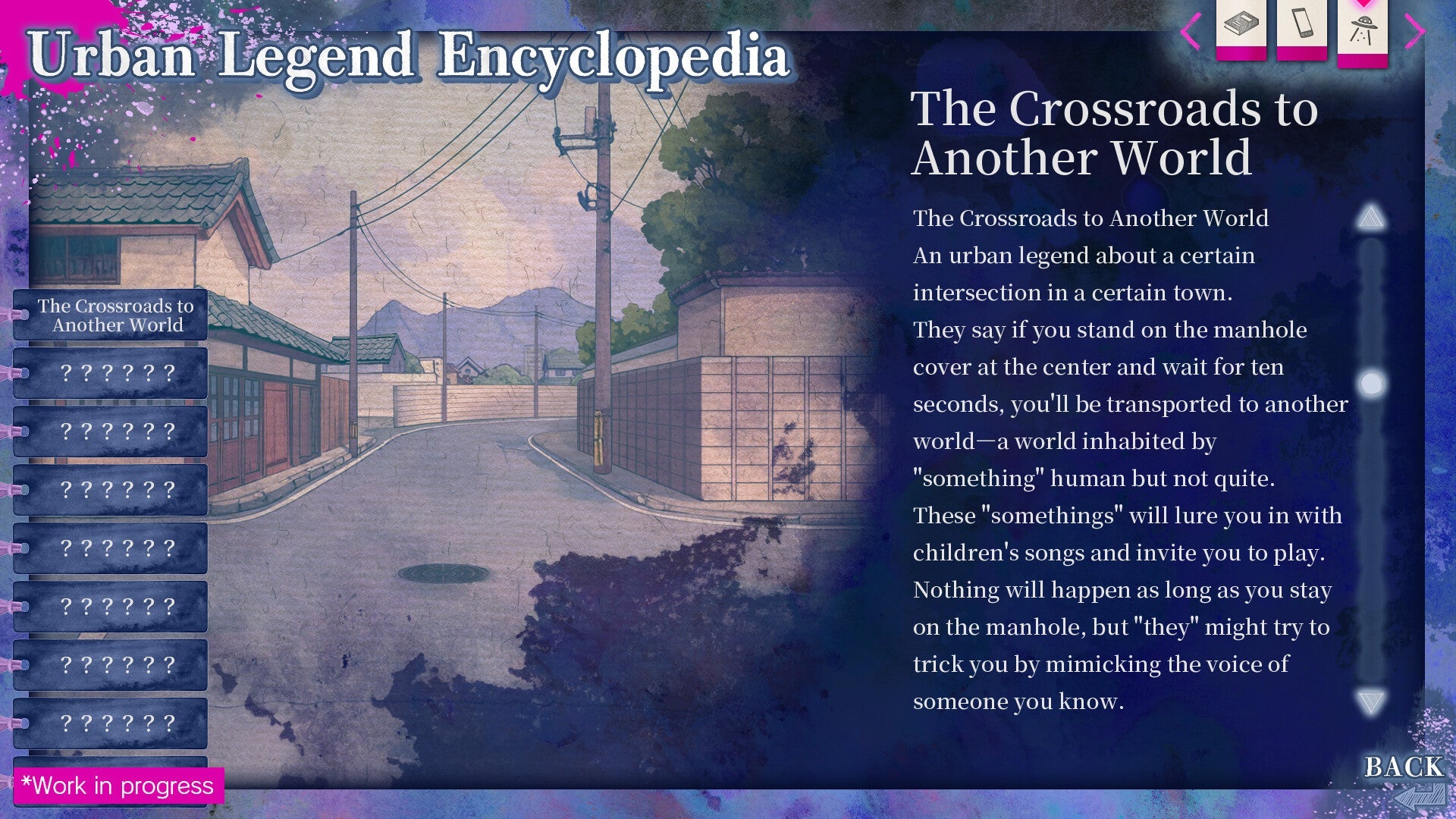 Illustration of a street scene with text about an urban legend titled 'The Crossroads to Another World'.