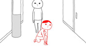 A minimalist line-art illustration of a hallway with two stylized human figures: one standing in black outline and one kneeling in red outline. The scene appears to be the artwork itself rather than a photographed physical product.