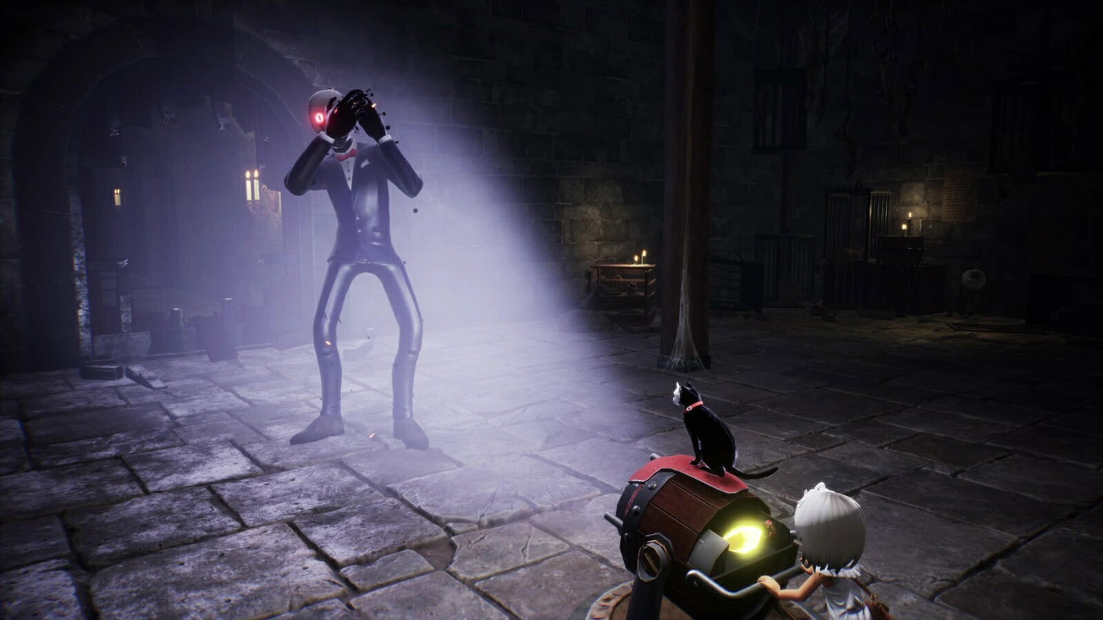 A dark, atmospheric video game scene showing a tall cloaked humanoid figure with a glowing red head in a stone corridor, while a small character with white hair stands beside a red and black device with a glowing yellow light in the foreground.