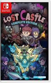 Nintendo Switch game cover for Lost Castle Complete Edition, featuring colorful illustrated characters and a glowing castle at the center, with the Nintendo Switch logo in the top-left corner and a SoftSource logo at the bottom-right.