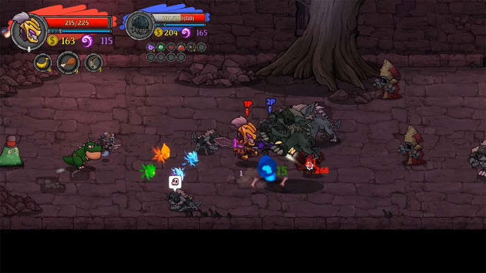 A screenshot from a 2D pixel-art RPG game showing a group of fantasy characters fighting a large creature in a stone dungeon. The interface includes health bars, icons, and status effects, with a dark brown stone floor and a large tree trunk in the background.