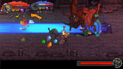 Side-scrolling 2D pixel art game scene showing a small character fighting a large red monster in a dark stone dungeon, with health bars, icons, and damage numbers overlaid.
