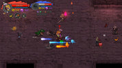 A 2D pixel-art action scene showing a fantasy character fighting small creatures in a dark stone room. The interface includes health bars, icons, and floating damage numbers, with the character casting colorful blue, orange, and green effects.