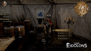 Character in a medieval-style room with a map and flags, from the game 'Lost Eidolons'.