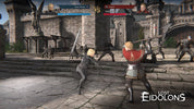Screenshot of a fantasy battle scene from the game 'Lost Eidolons' with characters in armor and weapons.