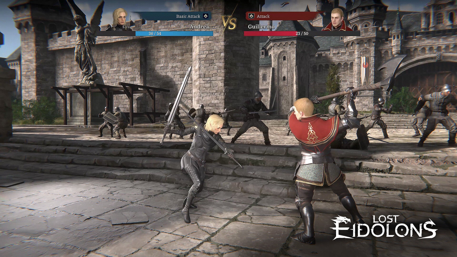 Screenshot of a fantasy battle scene from the game 'Lost Eidolons' with characters in armor and weapons.