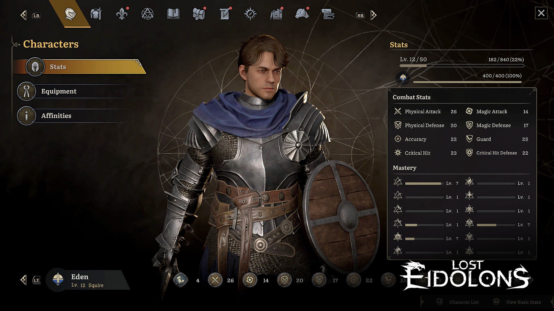 Character selection screen from 'Lost Eidolons' with a warrior character and interface elements.