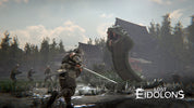 Game scene from 'Lost Eidolons' with a character fighting a dragon-like creature.