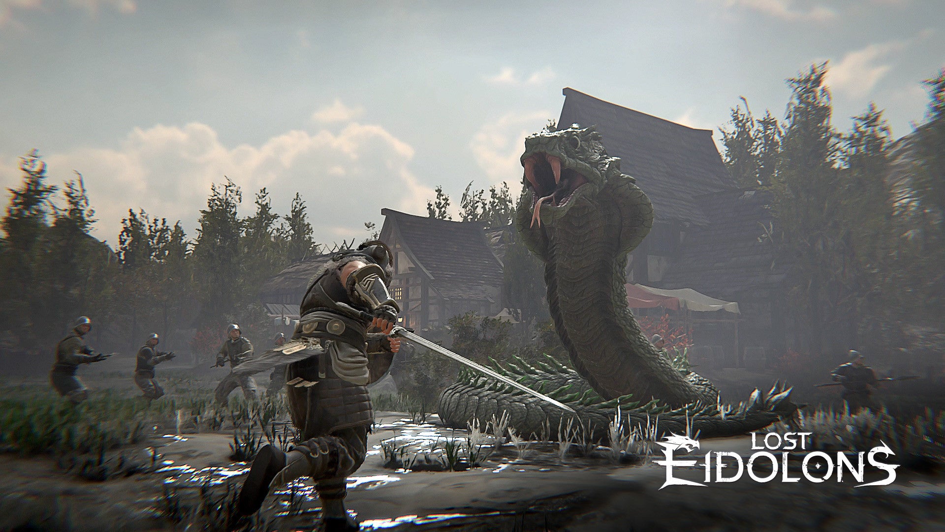 Game scene from 'Lost Eidolons' with a character fighting a dragon-like creature.