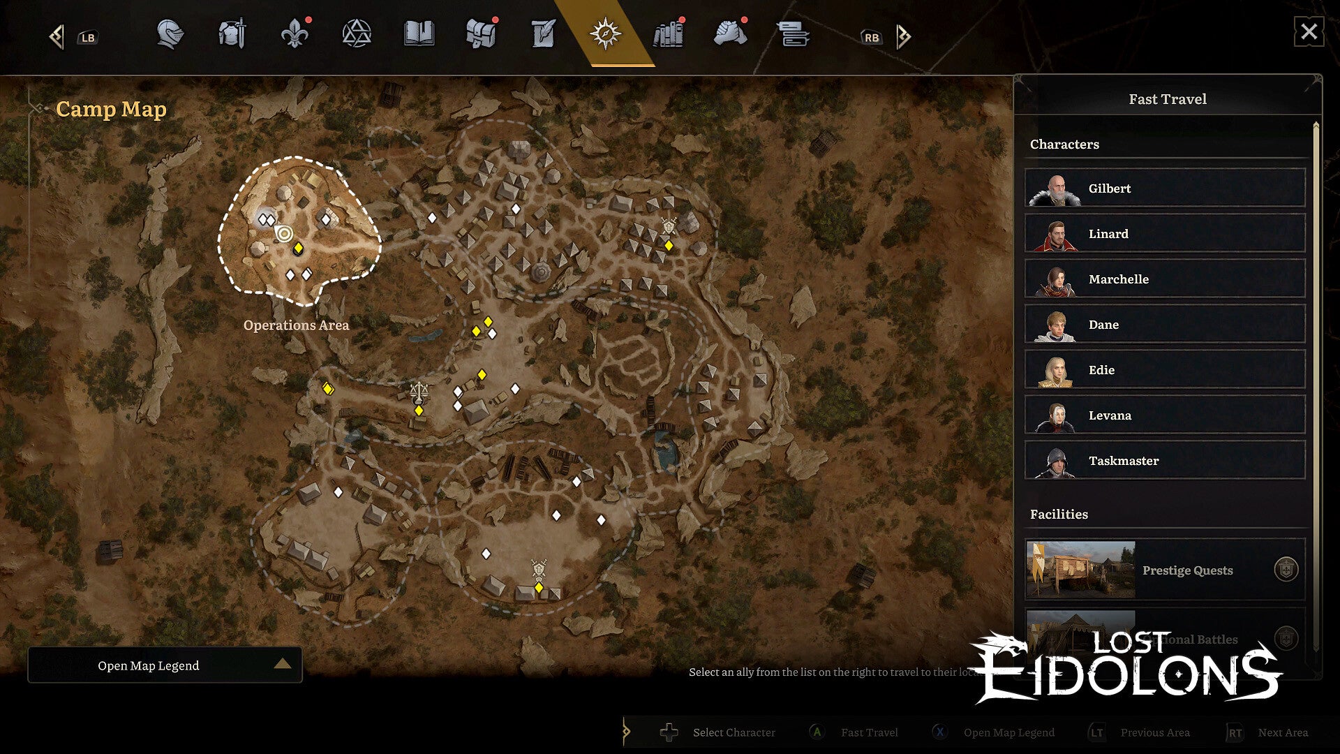 Map screen from the game 'Lost Eidolons' with character selection on the right.