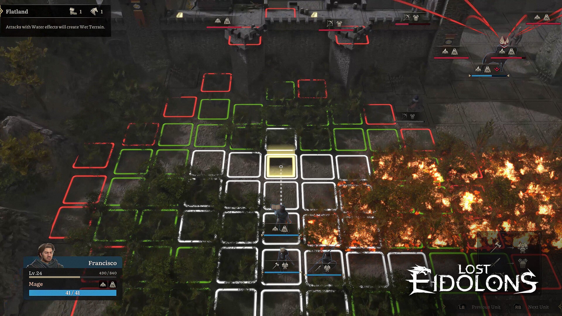 Game interface from 'Lost Eidolons' with character selection and battlefield layout.