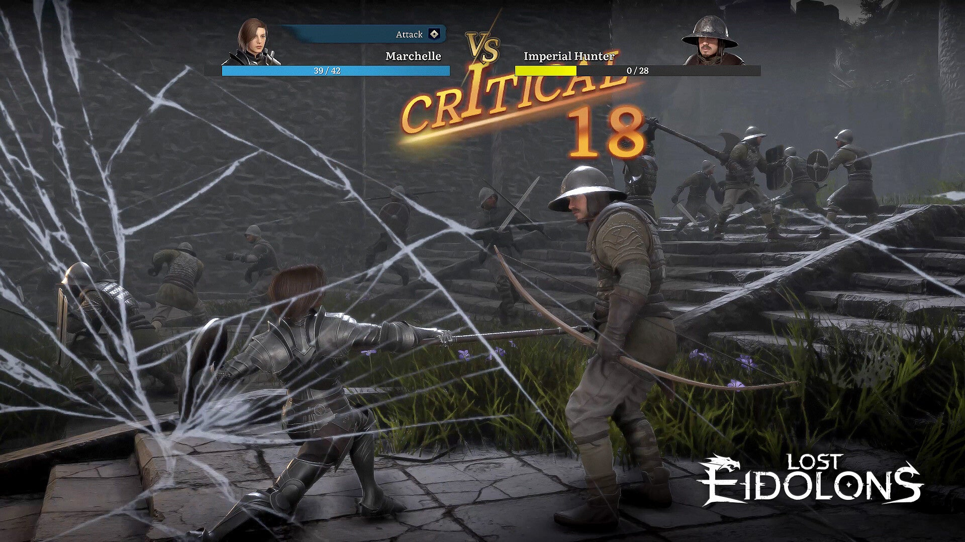Screen from the game 'Lost Eidolons' showing a character with a bow and arrow in a combat scenario.