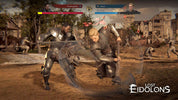 Two characters in a combat scene from 'Lost Eidolons' with a town in the background.