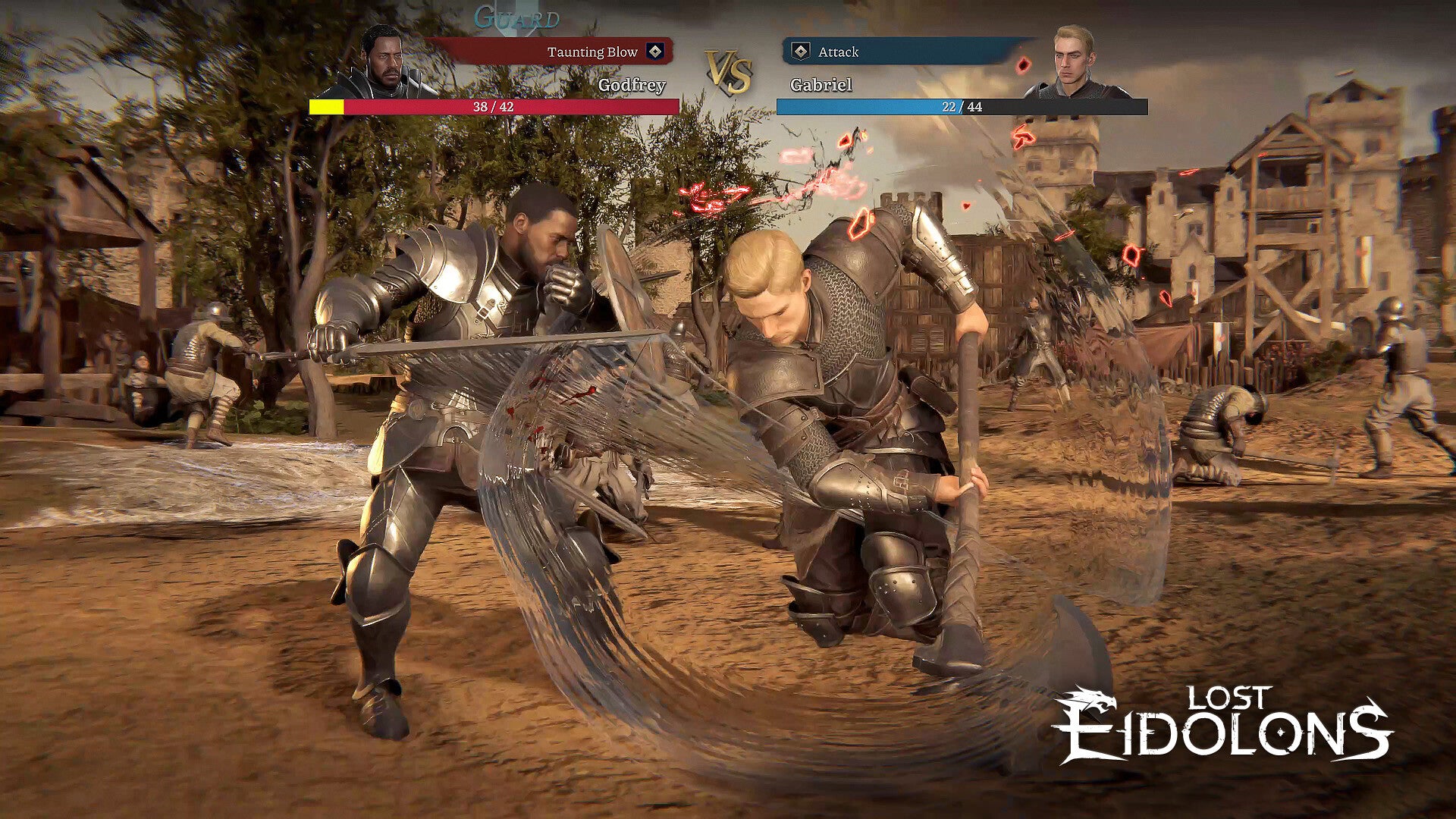 Two characters in a combat scene from 'Lost Eidolons' with a town in the background.