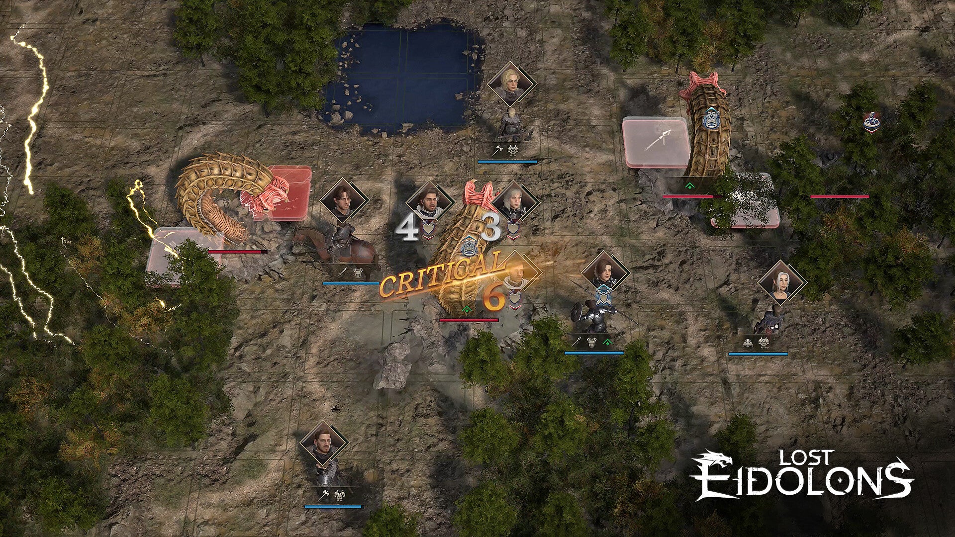 Game screen from 'Lost Eidolons' showing a battle scene with characters and critical hits.