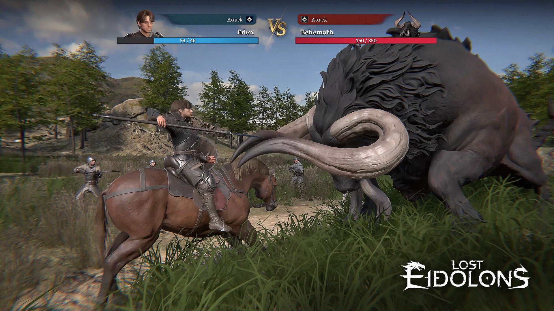 Game scene from 'Lost Eidolons' showing a character on horseback facing a large creature in a grassy field.