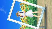 Woman in a white dress and hat standing in front of a sunflower field, framed by a picture border.