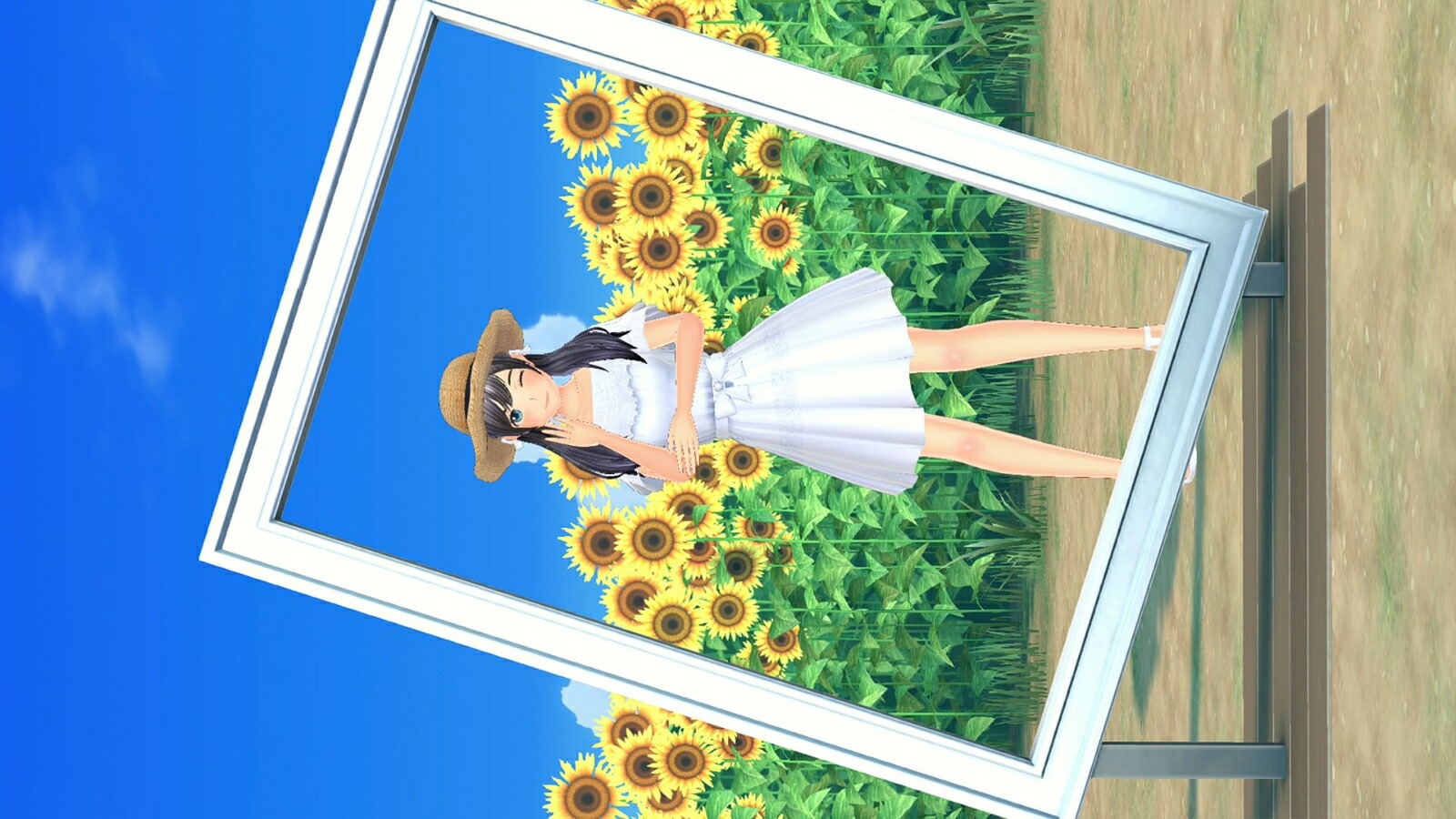 Woman in a white dress and hat standing in front of a sunflower field, framed by a picture border.