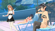 Three animated characters by a poolside with one in a maid outfit, another in a bikini, and a third in a swimsuit.