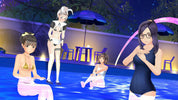 Virtual characters by a poolside with umbrellas and chairs.