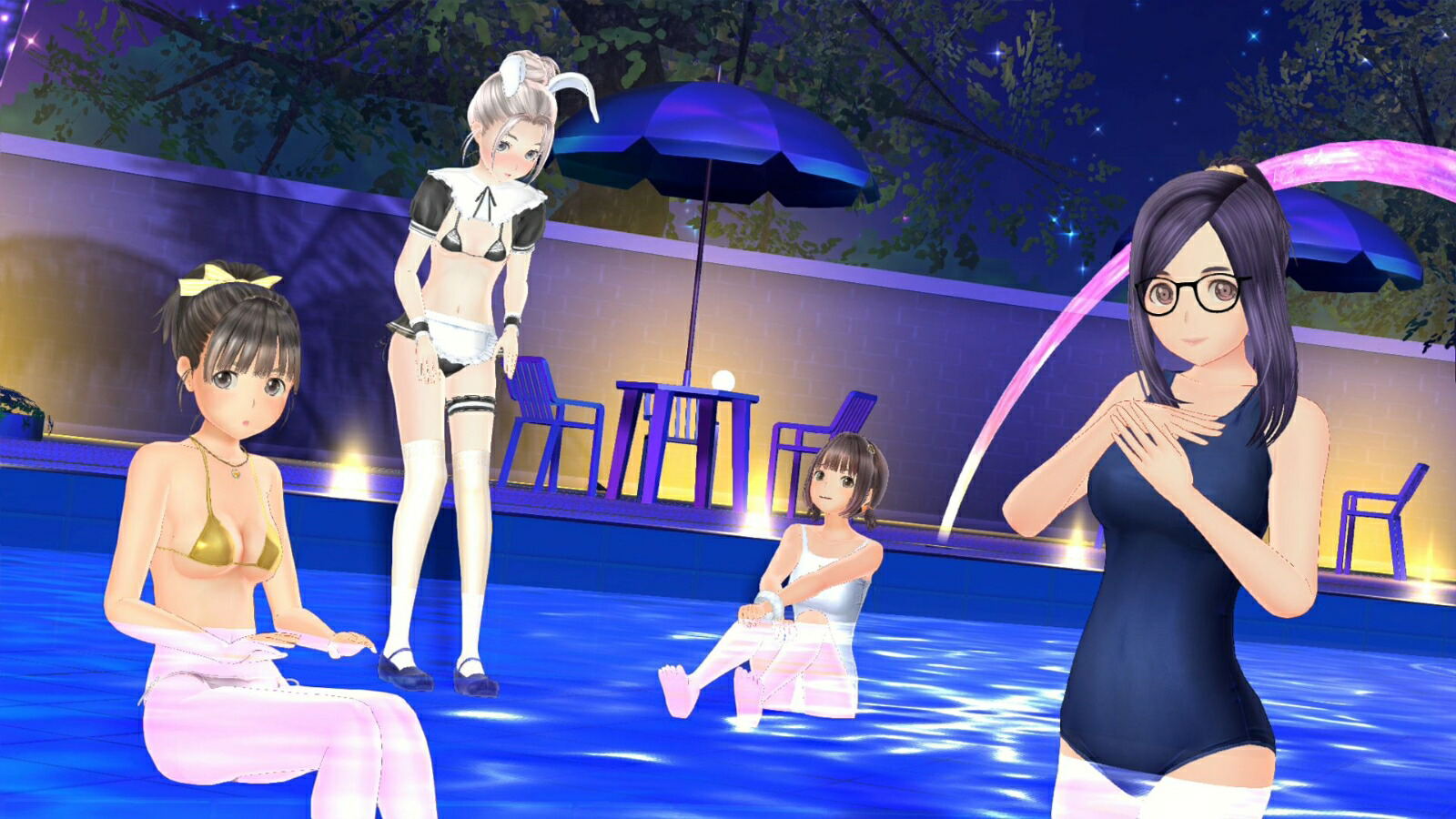 Virtual characters by a poolside with umbrellas and chairs.