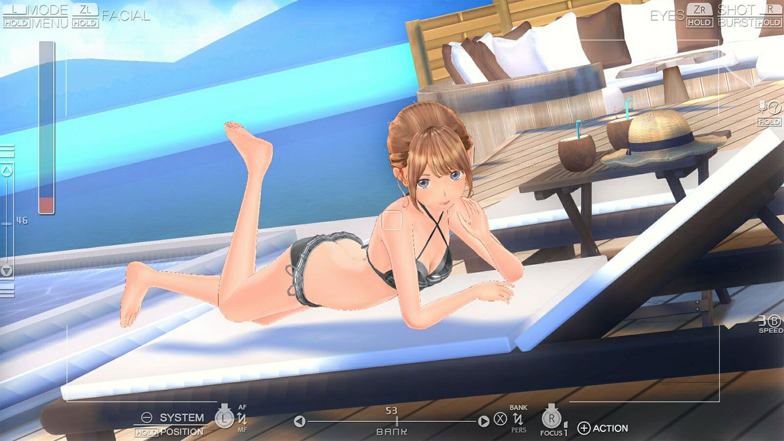 Character in a bikini lying on a sun lounger with a scenic background