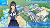 Character in a school uniform standing in front of a school building with a pool in a video game interface.