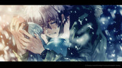 Two anime characters embracing in a snowy scene
