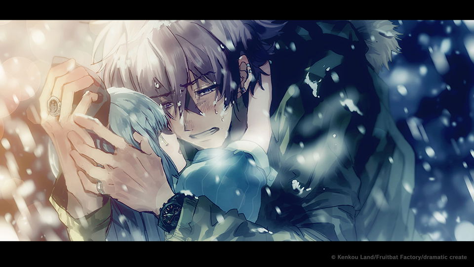 Two anime characters embracing in a snowy scene
