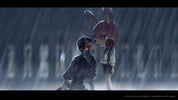 Two characters in a rain-soaked scene with a large pink rabbit-like creature.