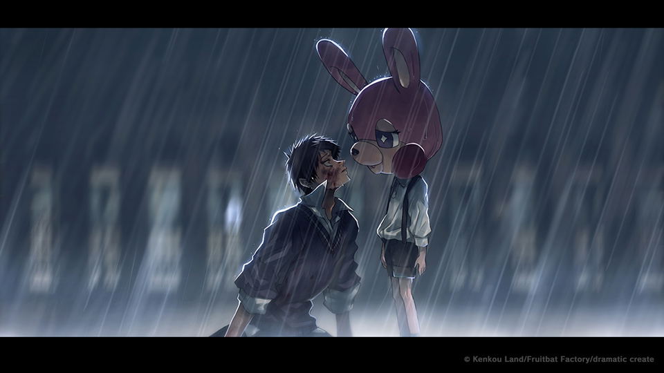 Two characters in a rain-soaked scene with a large pink rabbit-like creature.