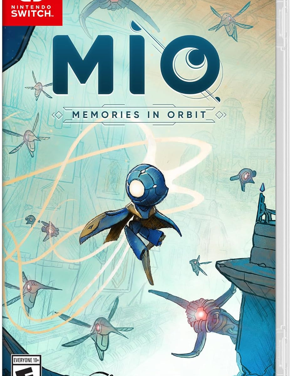 Game box for 'Mio: Memories in Orbit' on Nintendo Switch with robot illustration and space-themed design.