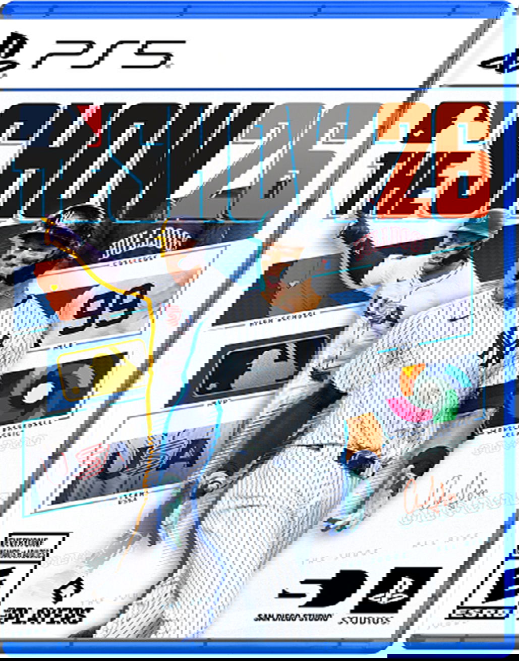 Game box for 'MLB The Show 26' on PS5 with a baseball player and game details.