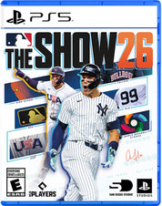 Game box for 'MLB The Show 26' on PS5 with a baseball player and game details.