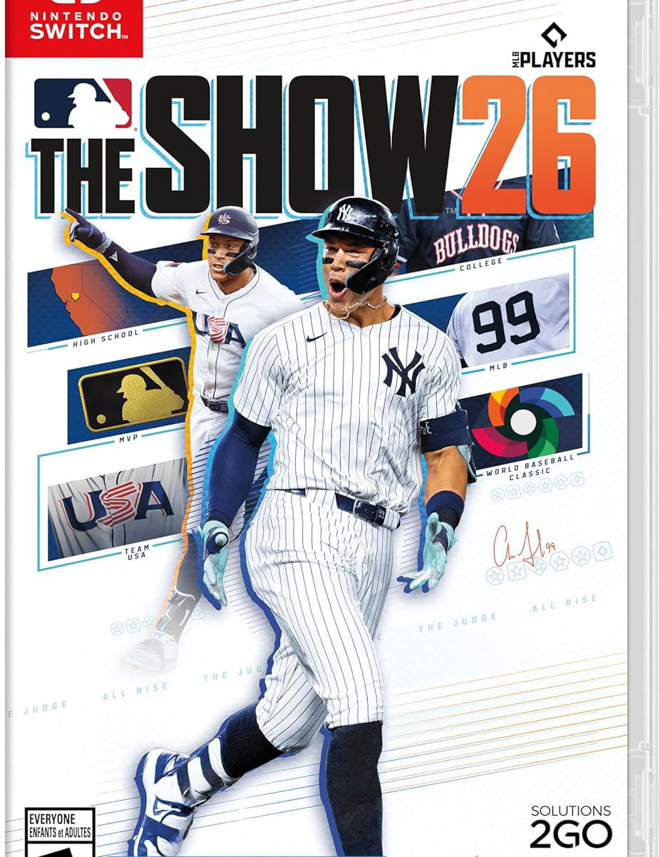 Game cover for 'MLB The Show 26' on Nintendo Switch with two baseball players and game details.