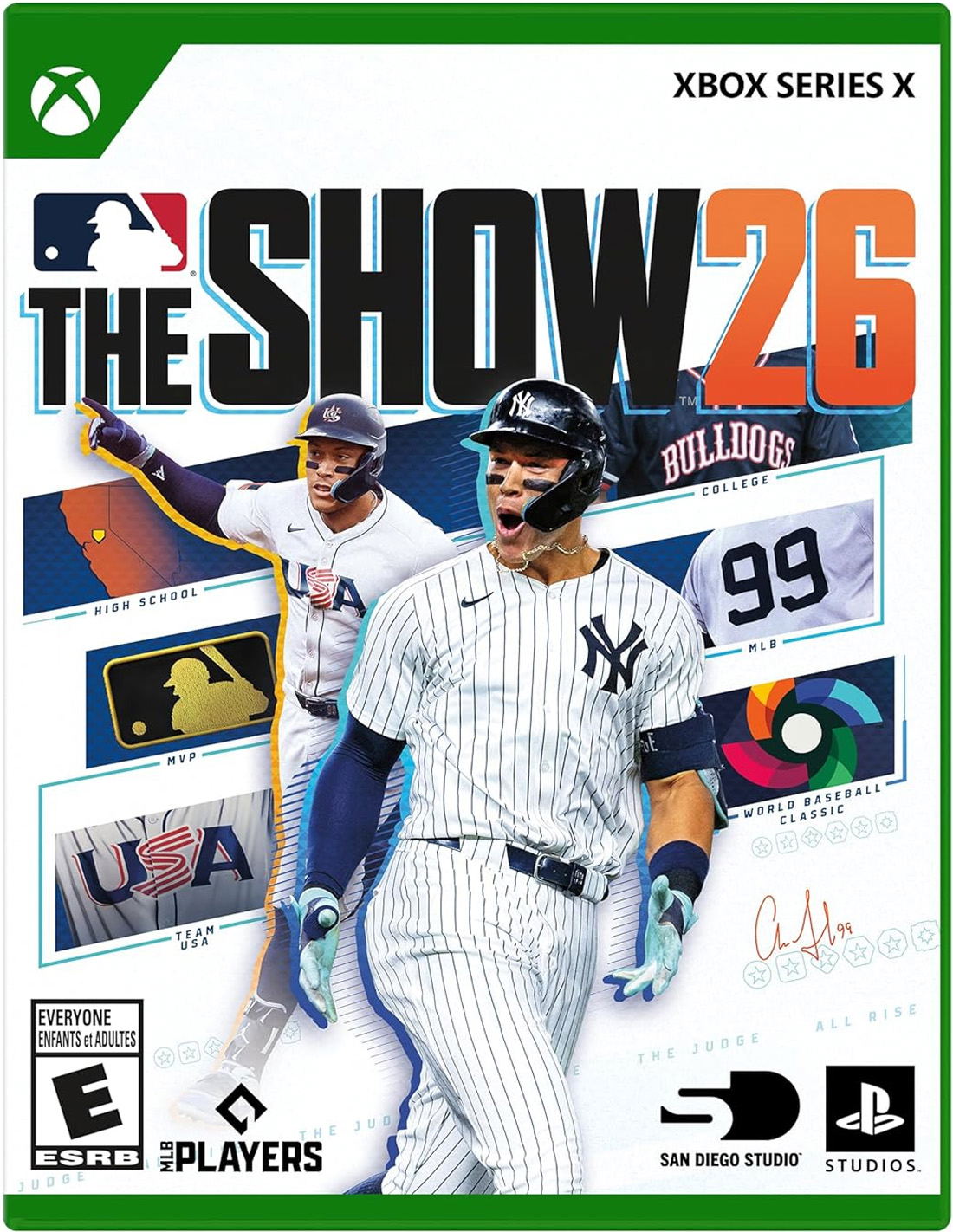 Cover of 'MLB The Show 26' game for Xbox Series X with two baseball players and game details.