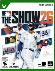 Cover of 'MLB The Show 26' game for Xbox Series X with two baseball players and game details.