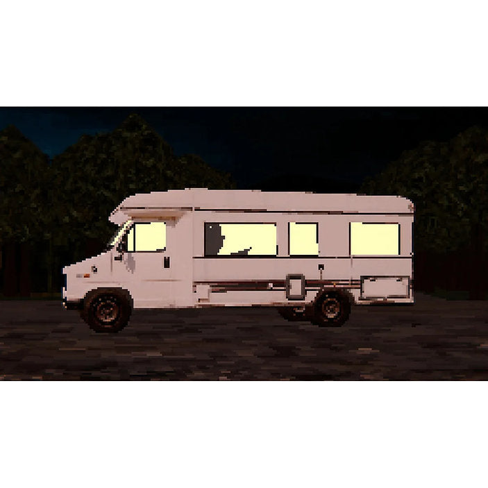 White RV with glowing windows in a dark forest setting