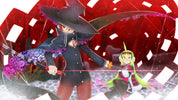 Two animated characters in a dynamic pose with a red and white abstract background