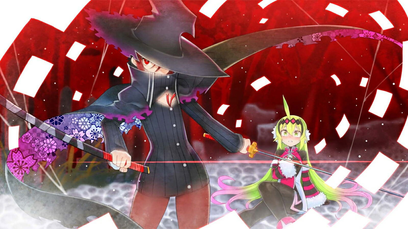 Two animated characters in a dynamic pose with a red and white abstract background